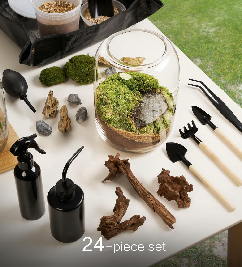 DIY Glass Terrarium Kit with Grow Light – 24Pcs Mini Indoor Gardening Set with Tools, Moss, Soil & Pebbles – Creative Plant Decor Gift for Desk & Home