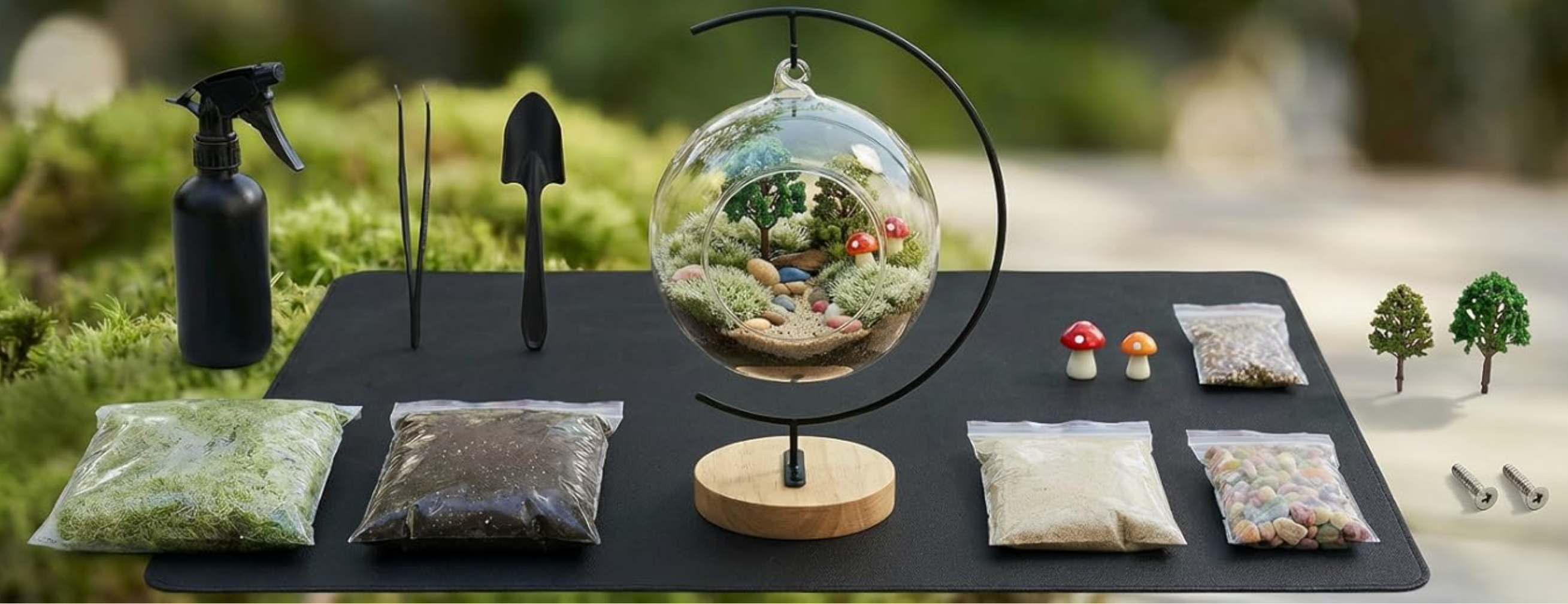 15-Piece Terrarium Kit with Live Moss – DIY Glass Globe Set with Tools, Soil, Stones & Spray Bottle – Indoor Mini Garden Gift for Plant Lovers, Home Decor & Zen Craft